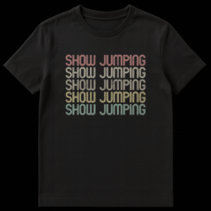 Retro Show Jumping T-Shirt with stacked text in vintage colors on Black t-shirt