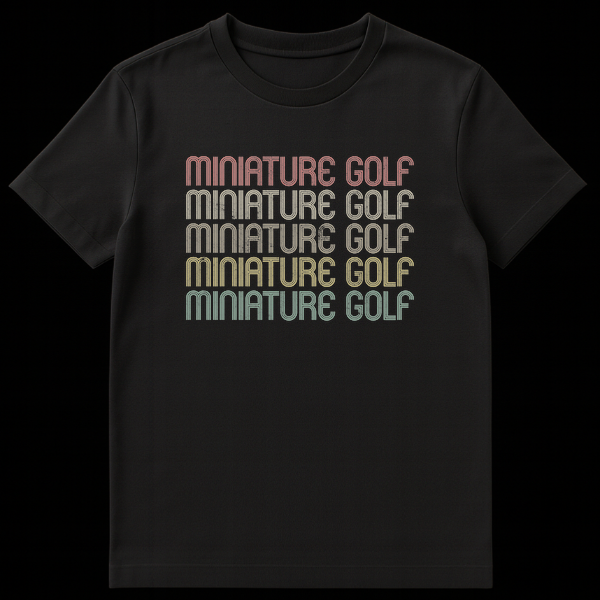 Vintage Retro Miniature Golf T-Shirt with stacked text in muted colors on Black t-shirt