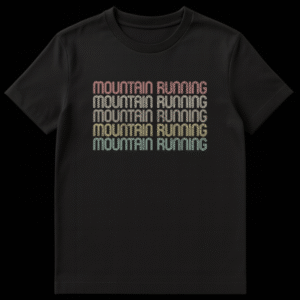 Vintage Mountain Running T-Shirt with stacked retro 70s 80s typography in earthy colors on black tee on Black t-shirt