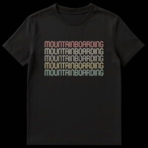 Vintage retro style 'MOUNTAINBOARDING' repeated text t-shirt for extreme sports enthusiasts on Black t-shirt