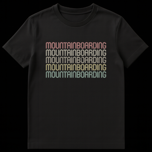Vintage retro style 'MOUNTAINBOARDING' repeated text t-shirt for extreme sports enthusiasts on Black t-shirt