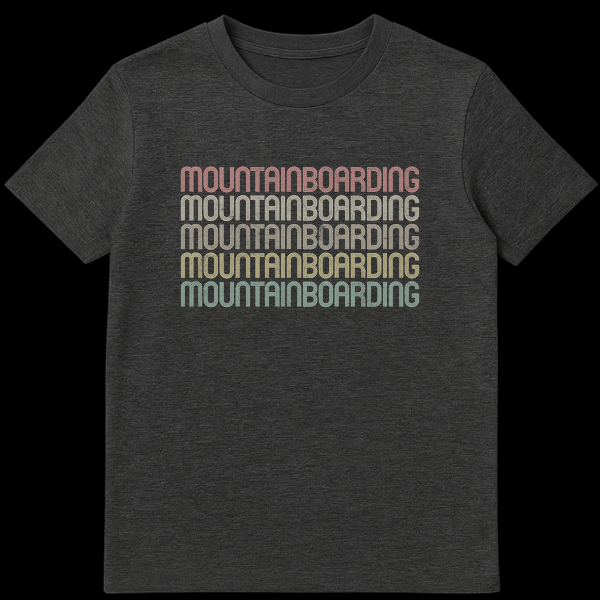Vintage retro style 'MOUNTAINBOARDING' repeated text t-shirt for extreme sports enthusiasts on Dark Heather t-shirt