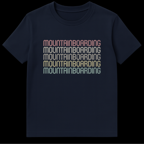 Vintage retro style 'MOUNTAINBOARDING' repeated text t-shirt for extreme sports enthusiasts on Navy Blue t-shirt