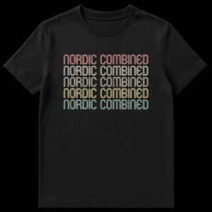 Nordic Combined vintage text t-shirt with 70s style distressed typography and gradient colors on black on Black t-shirt