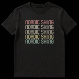 NORDIC SKIING repeated five times in retro distressed style t-shirt with muted colors on Black t-shirt