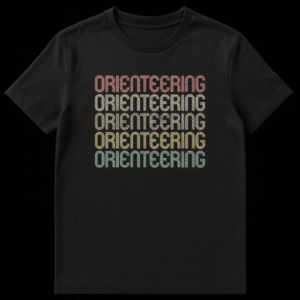 Retro stacked 'ORIENTEERING' t-shirt in vintage rainbow colors for navigation sport enthusiasts on Black t-shirt