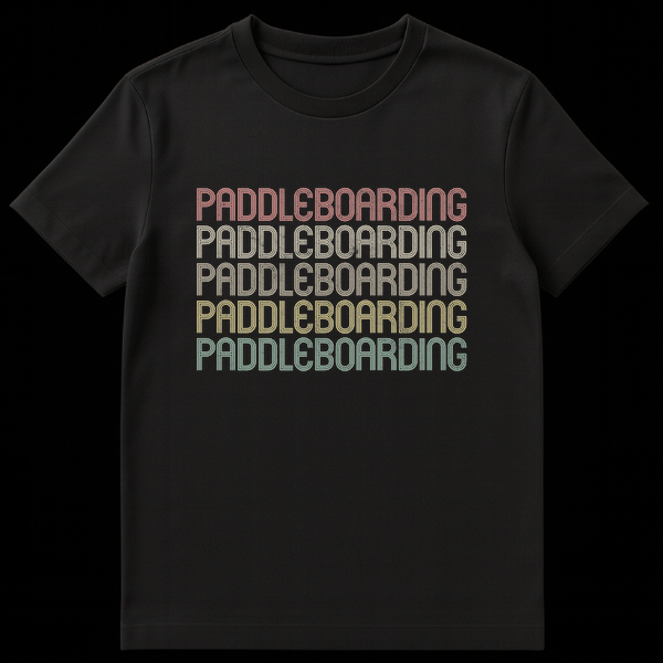 Retro Paddleboarding Enthusiast T-Shirt with Repeated Text Design in Muted Gradient Colors on Black on Black t-shirt