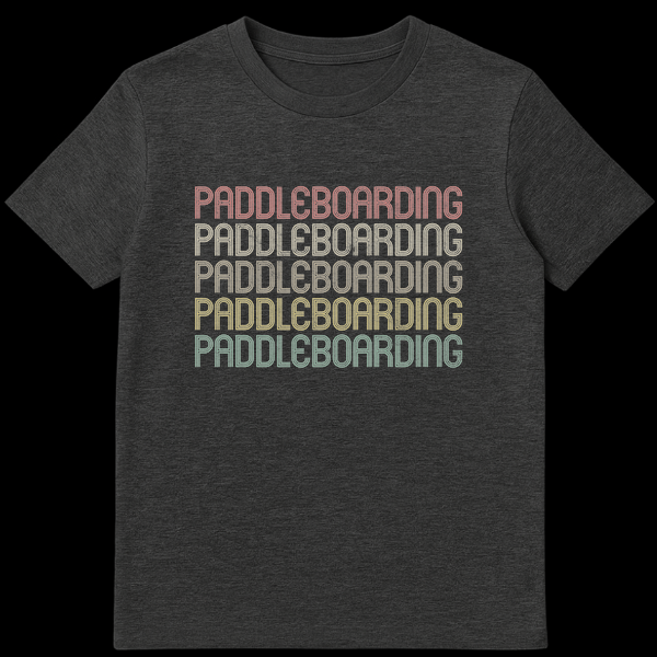 Retro Paddleboarding Enthusiast T-Shirt with Repeated Text Design in Muted Gradient Colors on Black on Dark Heather t-shirt