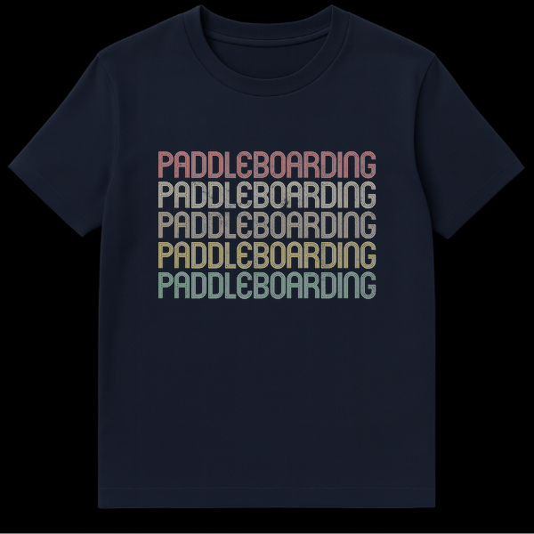 Retro Paddleboarding Enthusiast T-Shirt with Repeated Text Design in Muted Gradient Colors on Black on Navy Blue t-shirt