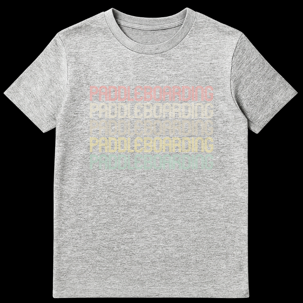 Retro Paddleboarding Enthusiast T-Shirt with Repeated Text Design in Muted Gradient Colors on Black on Sports Grey t-shirt