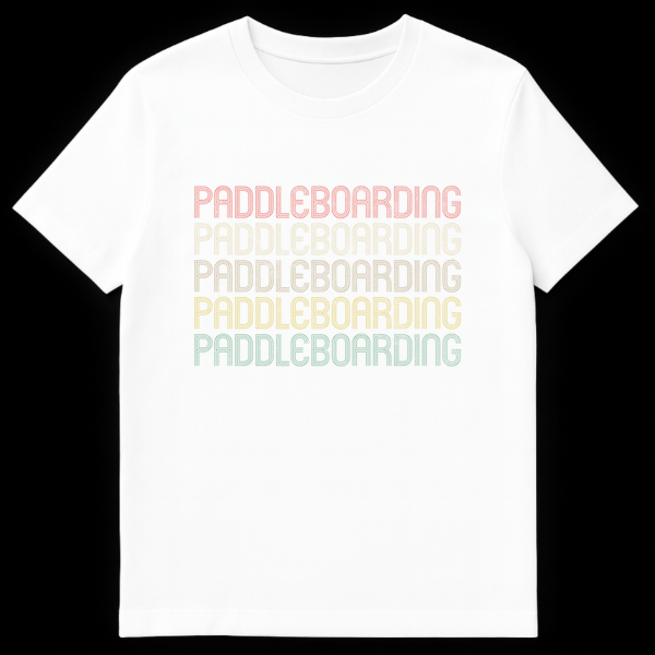 Retro Paddleboarding Enthusiast T-Shirt with Repeated Text Design in Muted Gradient Colors on Black on White t-shirt