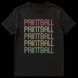 Retro Paintball T-Shirt with stacked, distressed text in vintage gradient colors on a black background on Black t-shirt