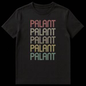 Vintage style t-shirt with 'PALANT' repeated five times in distressed retro text on a black background, featuring faded colors. on Black t-shirt