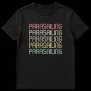 Retro Parasailing T-Shirt with repeated vintage text in gradient colors on a black background on Black t-shirt