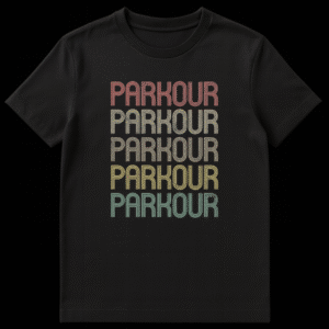 Retro stacked PARKOUR word t-shirt for parkour enthusiasts in vintage colors on black on Black t-shirt