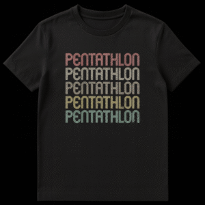 Retro Pentathlon t-shirt with 'PENTATHLON' repeated five times in gradient vintage colors against a black background on Black t-shirt