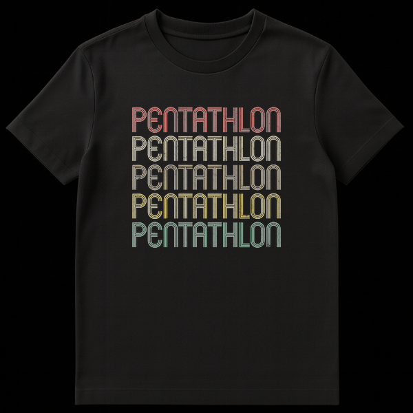 Retro Pentathlon t-shirt with 'PENTATHLON' repeated five times in gradient vintage colors against a black background on Black t-shirt