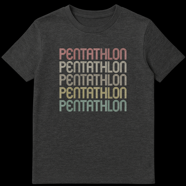 Retro Pentathlon t-shirt with 'PENTATHLON' repeated five times in gradient vintage colors against a black background on Dark Heather t-shirt
