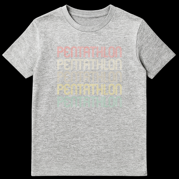 Retro Pentathlon t-shirt with 'PENTATHLON' repeated five times in gradient vintage colors against a black background on Sports Grey t-shirt