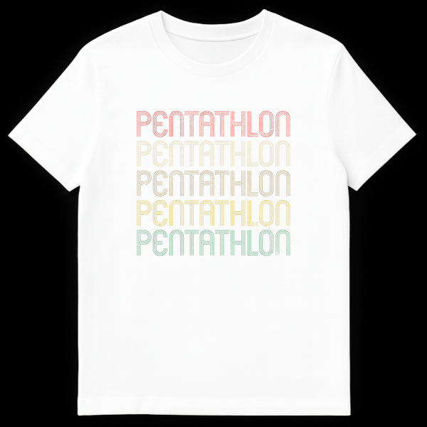 Retro Pentathlon t-shirt with 'PENTATHLON' repeated five times in gradient vintage colors against a black background on White t-shirt