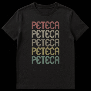 Retro 70s/80s style Peteca t-shirt with repeated word in gradient colors on black. Distressed striped font graphic tee. on Black t-shirt