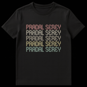 Pradal Serey t-shirt with stacked, repeating distressed text in a retro 70s style, gradient colors on a black background on Black t-shirt