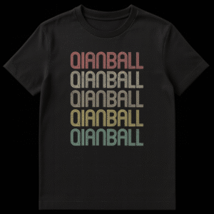 QIANBALL retro athletic t-shirt with multi-line text and gradient colors, distressed finish on a black background on Black t-shirt