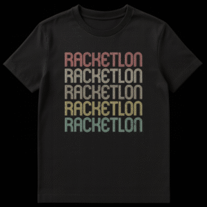 Vintage Racketlon t-shirt with repeated RACKETLON text in a distressed, rainbow retro font on a black background, appealing to racket sports enthusiasts. on Black t-shirt
