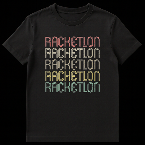 Vintage Racketlon t-shirt with repeated RACKETLON text in a distressed, rainbow retro font on a black background, appealing to racket sports enthusiasts. on Black t-shirt