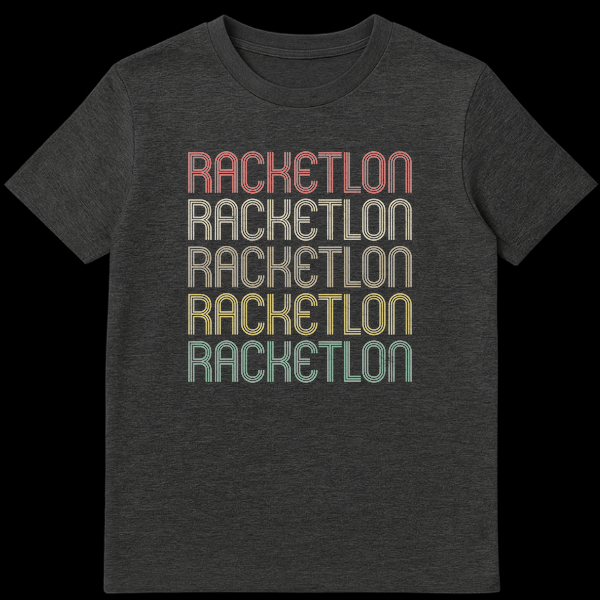 Vintage Racketlon t-shirt with repeated RACKETLON text in a distressed, rainbow retro font on a black background, appealing to racket sports enthusiasts. on Dark Heather t-shirt