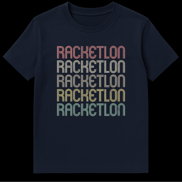 Vintage Racketlon t-shirt with repeated RACKETLON text in a distressed, rainbow retro font on a black background, appealing to racket sports enthusiasts. on Navy Blue t-shirt
