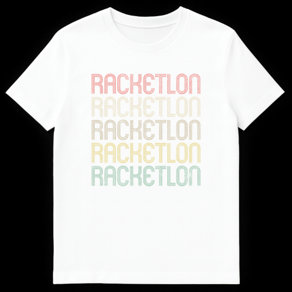Vintage Racketlon t-shirt with repeated RACKETLON text in a distressed, rainbow retro font on a black background, appealing to racket sports enthusiasts. on White t-shirt