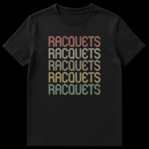 Vintage Racquets Stack Graphic T-Shirt with Retro Colors for Tennis and Pickleball Players on Black t-shirt