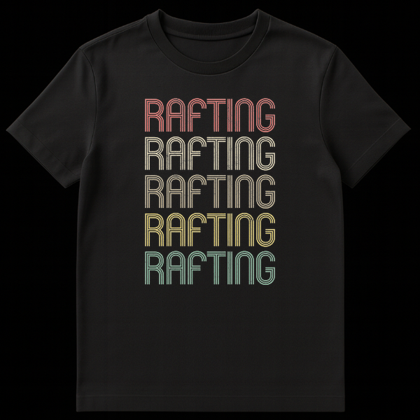 Retro 'RAFTING' t-shirt with stacked, distressed text in vintage 70s/80s style and muted colors on a black background, appealing to rafting enthusiasts. on Black t-shirt