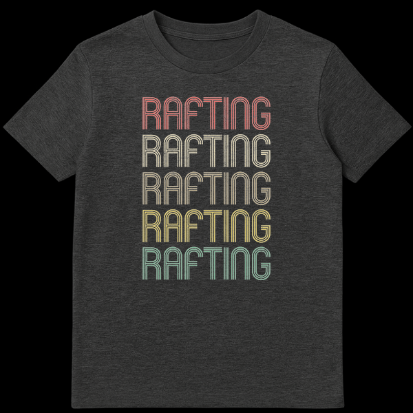 Retro 'RAFTING' t-shirt with stacked, distressed text in vintage 70s/80s style and muted colors on a black background, appealing to rafting enthusiasts. on Dark Heather t-shirt