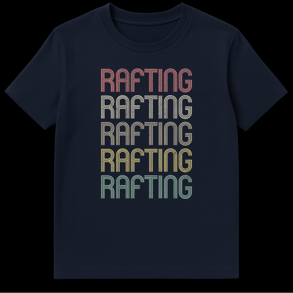 Retro 'RAFTING' t-shirt with stacked, distressed text in vintage 70s/80s style and muted colors on a black background, appealing to rafting enthusiasts. on Navy Blue t-shirt