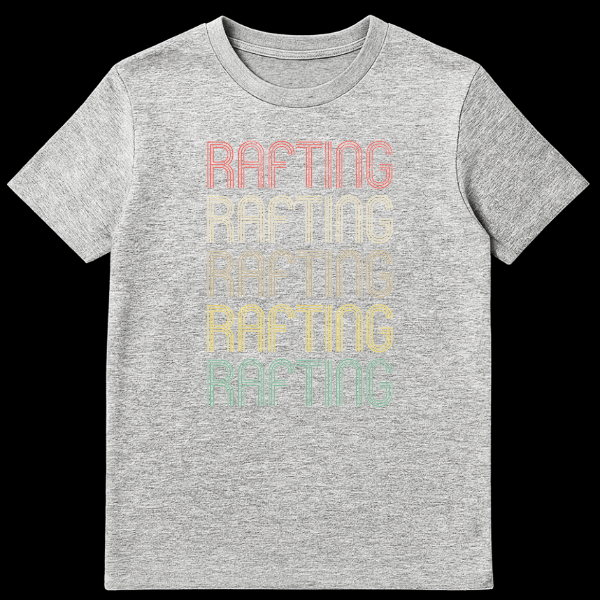 Retro 'RAFTING' t-shirt with stacked, distressed text in vintage 70s/80s style and muted colors on a black background, appealing to rafting enthusiasts. on Sports Grey t-shirt