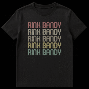 Retro Rink Bandy T-Shirt with distressed text repeated in multiple lines on a black background, featuring vintage colors. on Black t-shirt