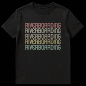 Retro Riverboarding T-Shirt with Stacked Vintage Text in Faded Rainbow Colors on Black t-shirt