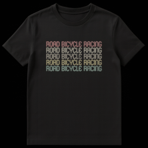 Vintage retro t-shirt with 'ROAD BICYCLE RACING' text repeated five times in stacked, distressed, multi-colored lines on a black background on Black t-shirt