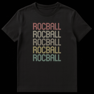 Vintage Rocball Gradient T-Shirt with distressed retro 70s/80s style typography in multi-color gradient on a black background. on Black t-shirt