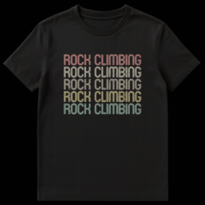 Vintage Rock Climbing T-Shirt with stacked text in retro striped font and muted colors on a black background on Black t-shirt
