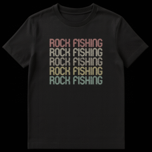 Retro Rock Fishing T-Shirt with distressed text and sunset colors on Black t-shirt