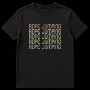 Vintage Retro Rope Jumping T-Shirt with Stacked Distressed Text in Muted Colors on Black t-shirt