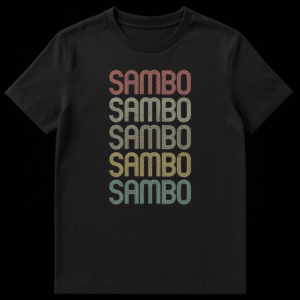 Sambo martial arts t-shirt with stacked, distressed 'SAMBO' text in a vintage rainbow gradient on black. on Black t-shirt