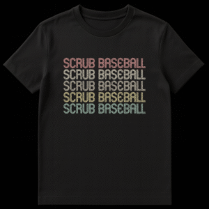Vintage 'SCRUB BASEBALL' t-shirt with retro layered text in a muted color gradient on a black background, perfect for casual baseball fans. on Black t-shirt