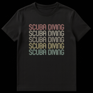 Retro 70s 80s distressed Scuba Diving t-shirt with stacked text in a vintage gradient of coral, beige, khaki, goldenrod, and teal colors on a black background. on Black t-shirt