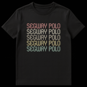 Segway Polo Fan Unisex T-Shirt with stacked, distressed 'SEGWAY POLO' text in fading coral, beige, tan, pale yellow, and teal colors on a black background on Black t-shirt
