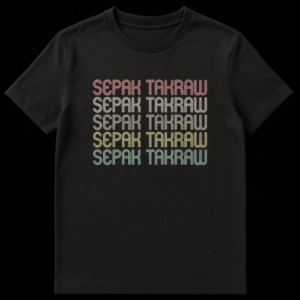 Retro Sepak Takraw t-shirt with stacked text in vintage colors on a black background on Black t-shirt