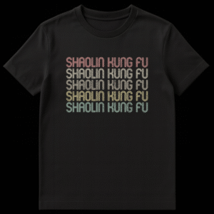 Vintage Shaolin Kung Fu T-Shirt with multi-line distressed text in faded retro colors on a black background on Black t-shirt